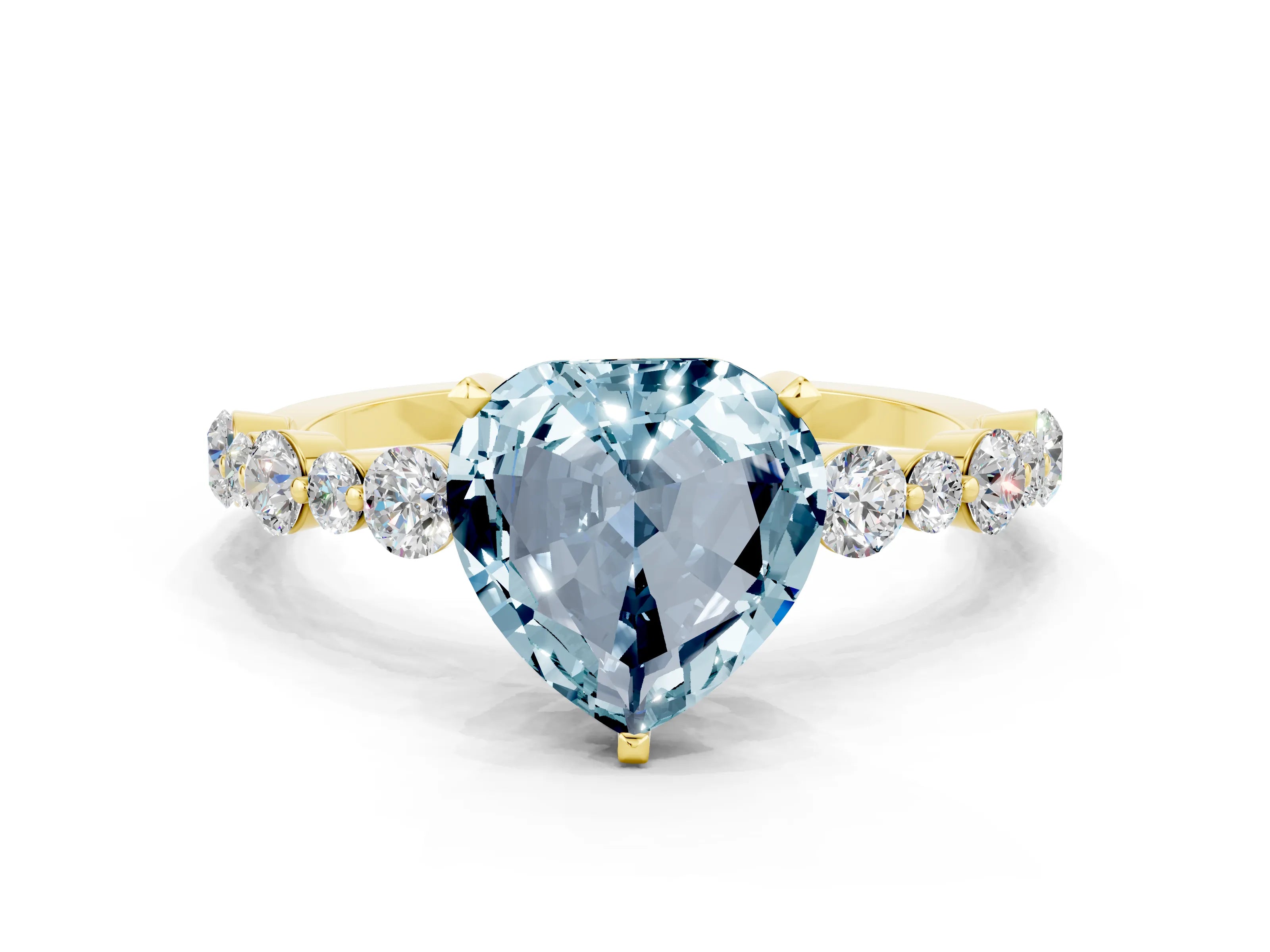 Yellow gold Heart Cut Aquamarine Prong Set Engagement Ring with Pavé Band