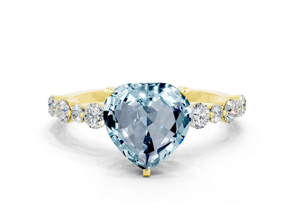 Yellow gold Heart Cut Aquamarine Prong Set Engagement Ring with Pavé Band