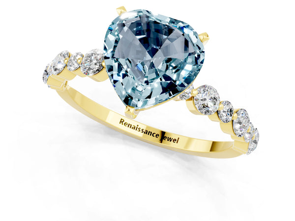 Yellow gold Heart Cut Aquamarine Prong Set Engagement Ring with Pavé Band