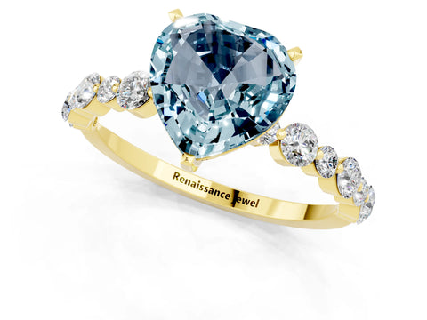 Yellow gold Heart Cut Aquamarine Prong Set Engagement Ring with Pavé Band_1