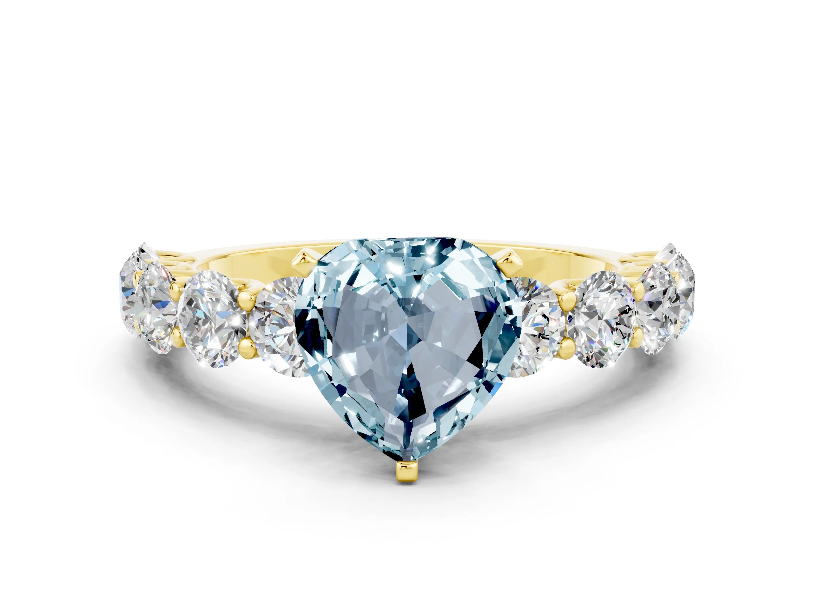 Yellow gold Heart Cut Aquamarine Prong Setting with Side Stones on a Pave Band