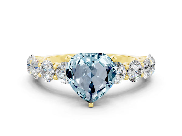 Yellow gold Heart Cut Aquamarine Prong Setting with Side Stones on a Pave Band