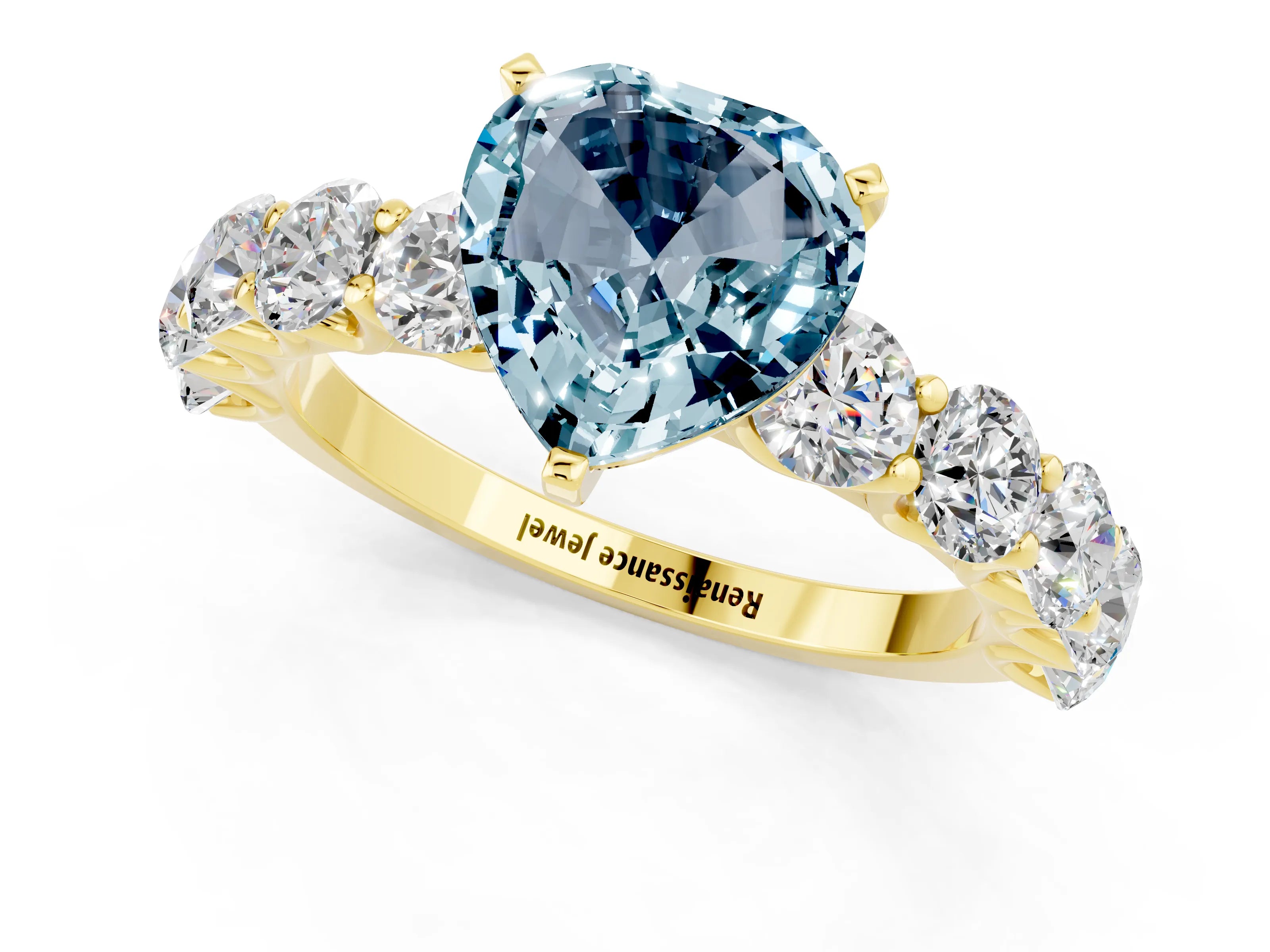 Yellow gold Heart Cut Aquamarine Prong Setting with Side Stones on a Pave Band_1