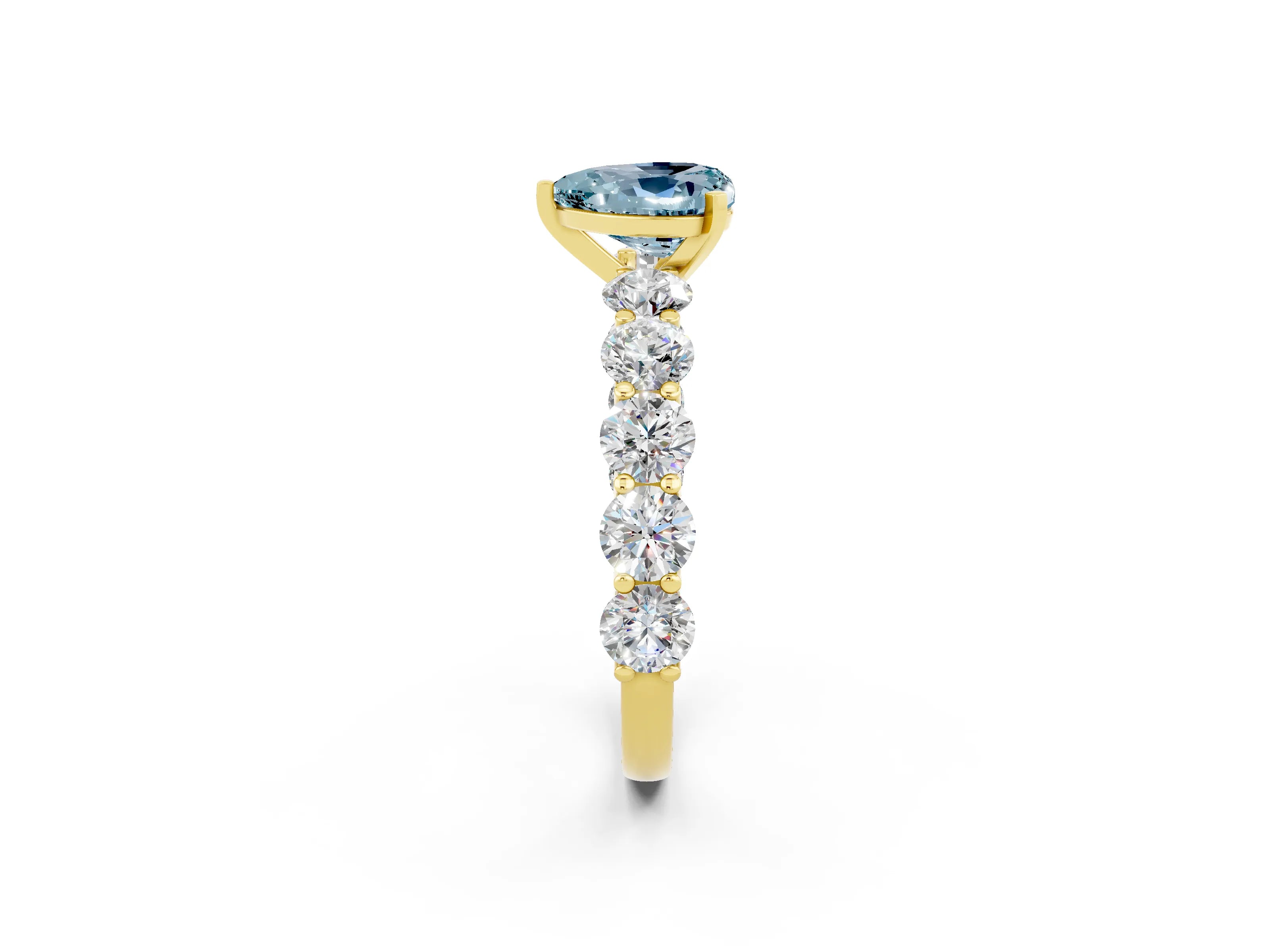 Yellow gold Heart Cut Aquamarine Prong Setting with Side Stones on a Pave Band_2