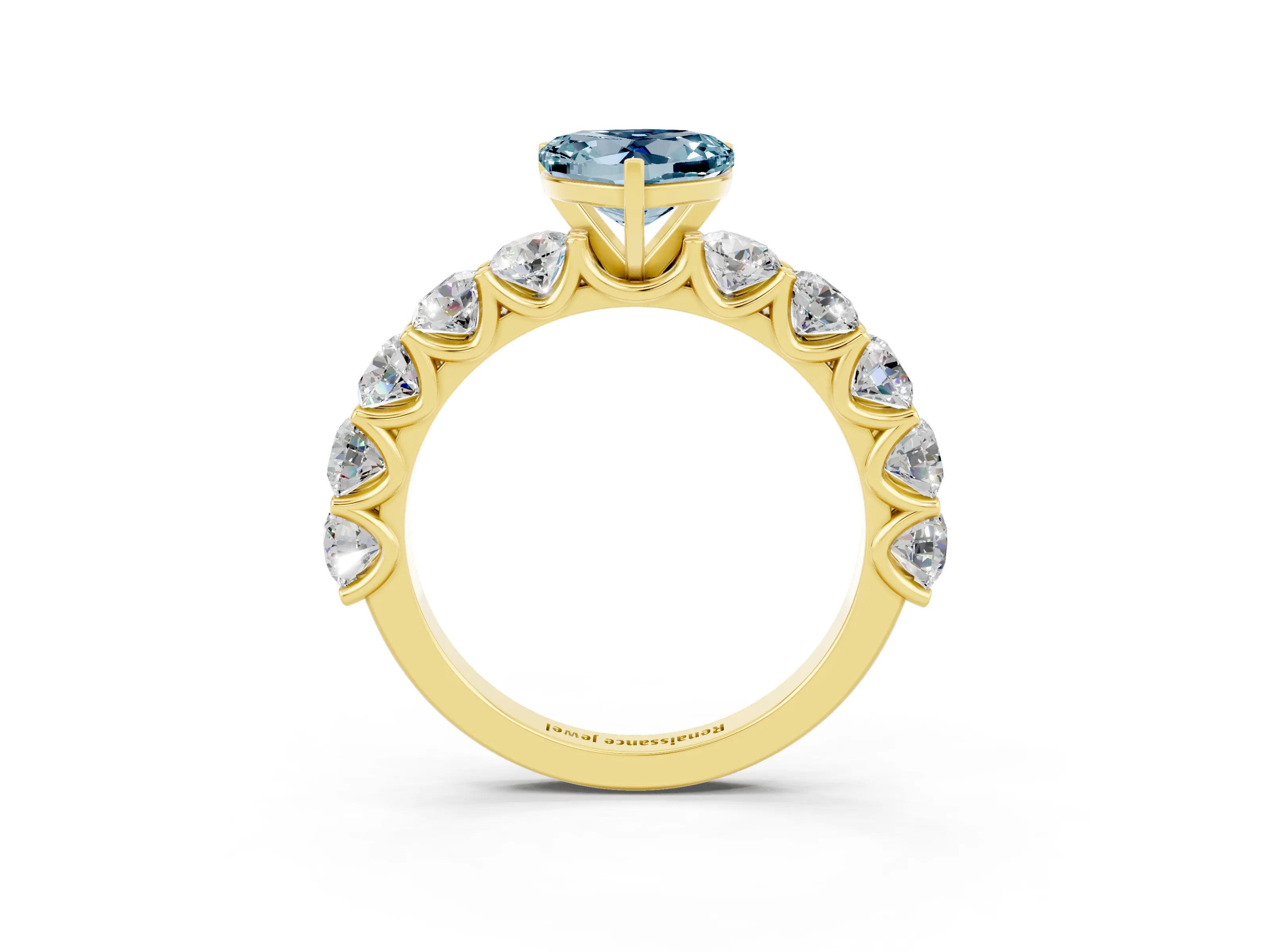 Yellow gold Heart Cut Aquamarine Prong Setting with Side Stones on a Pave Band_3