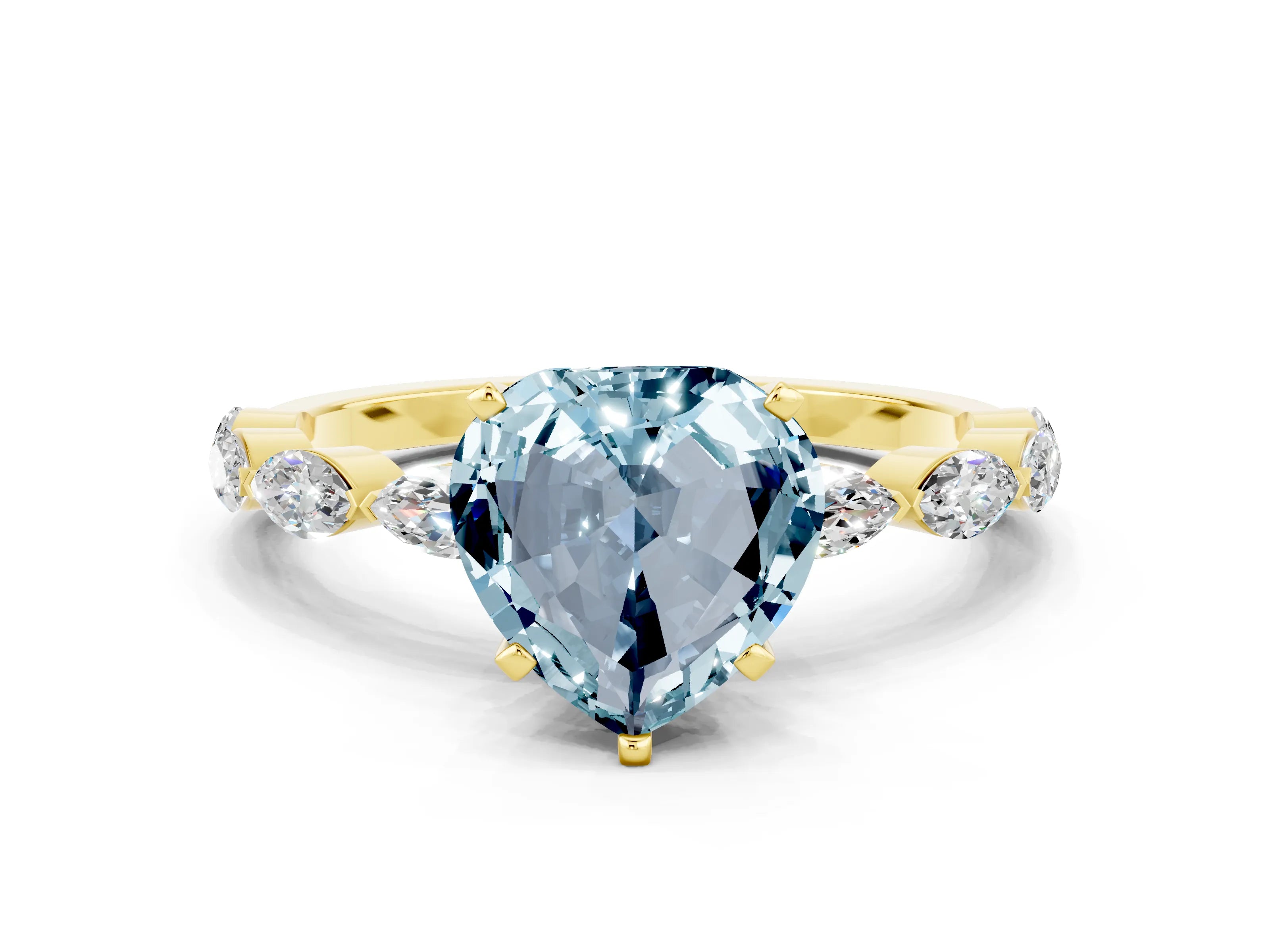 Yellow gold Heart Cut Aquamarine Ring with Marquise Side Stones and Prong Setting