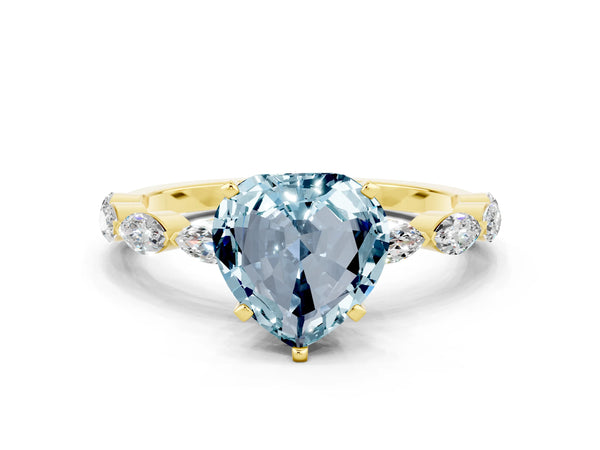 Yellow gold Heart Cut Aquamarine Ring with Marquise Side Stones and Prong Setting