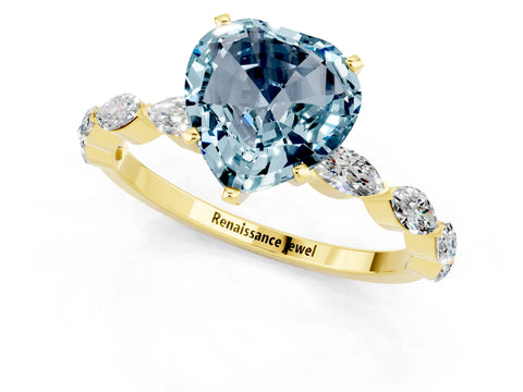 Yellow gold Heart Cut Aquamarine Ring with Marquise Side Stones and Prong Setting_1