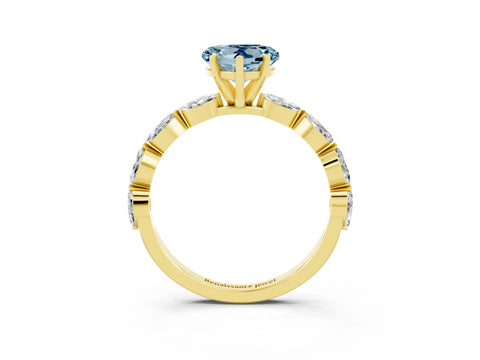Yellow gold Heart Cut Aquamarine Ring with Marquise Side Stones and Prong Setting_3