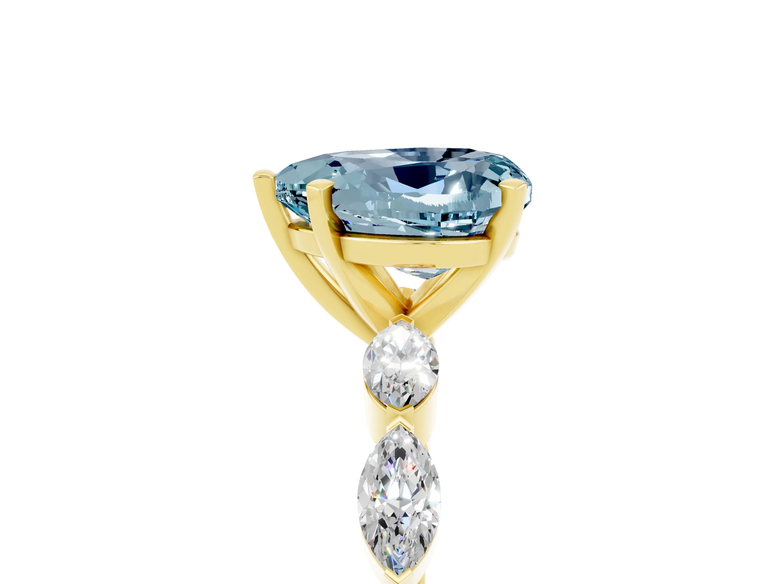 Yellow gold Heart Cut Aquamarine Ring with Marquise Side Stones and Prong Setting_5
