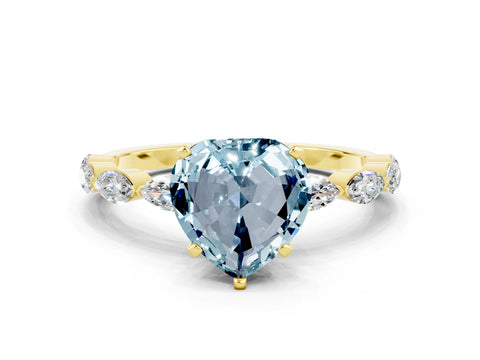 Yellow gold Heart Cut Aquamarine Ring with Marquise Side Stones and Prong Setting