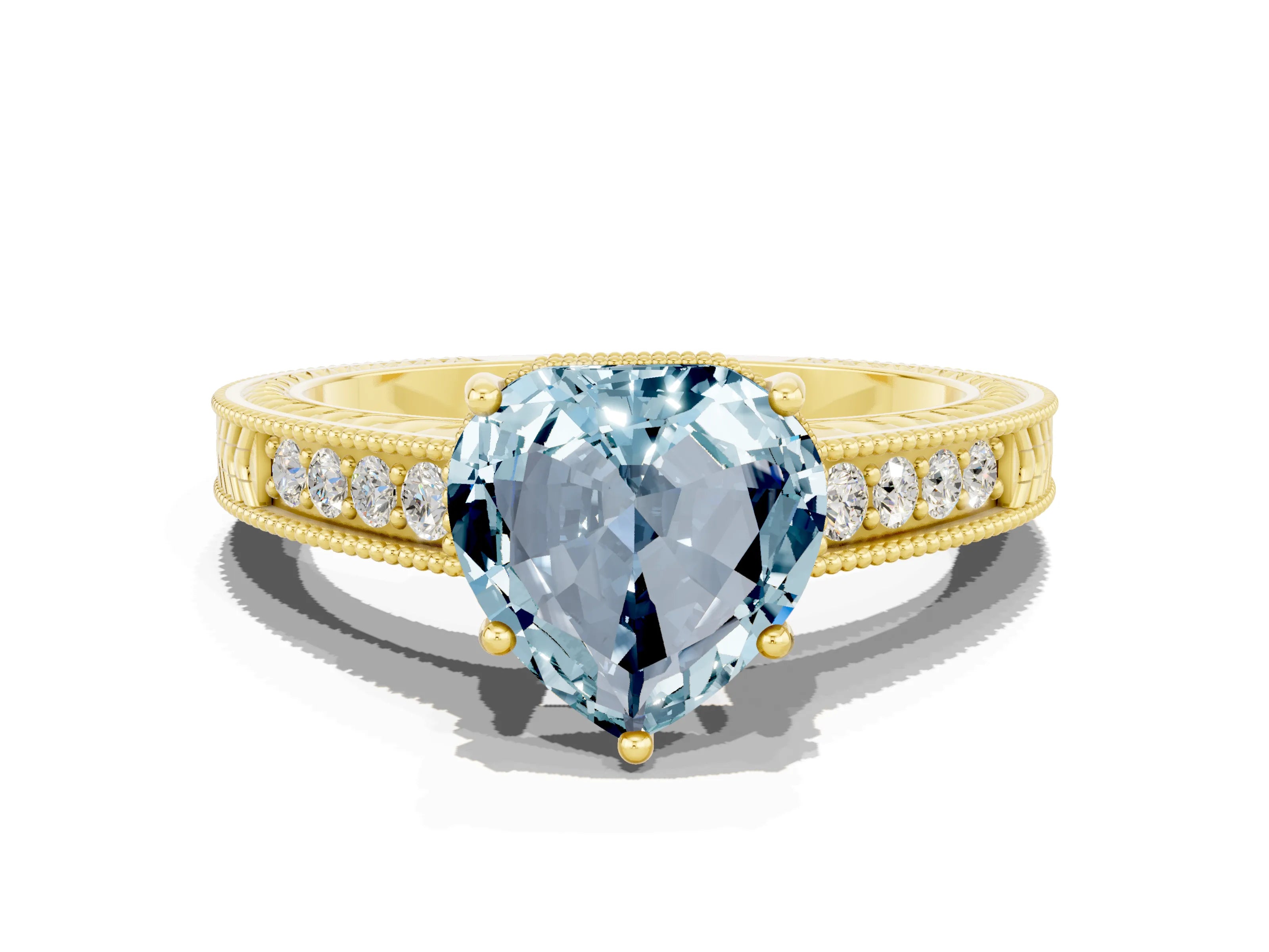 Yellow gold Heart Cut Aquamarine Ring with Milgrain Pavé Band and Four-Prong Setting_12