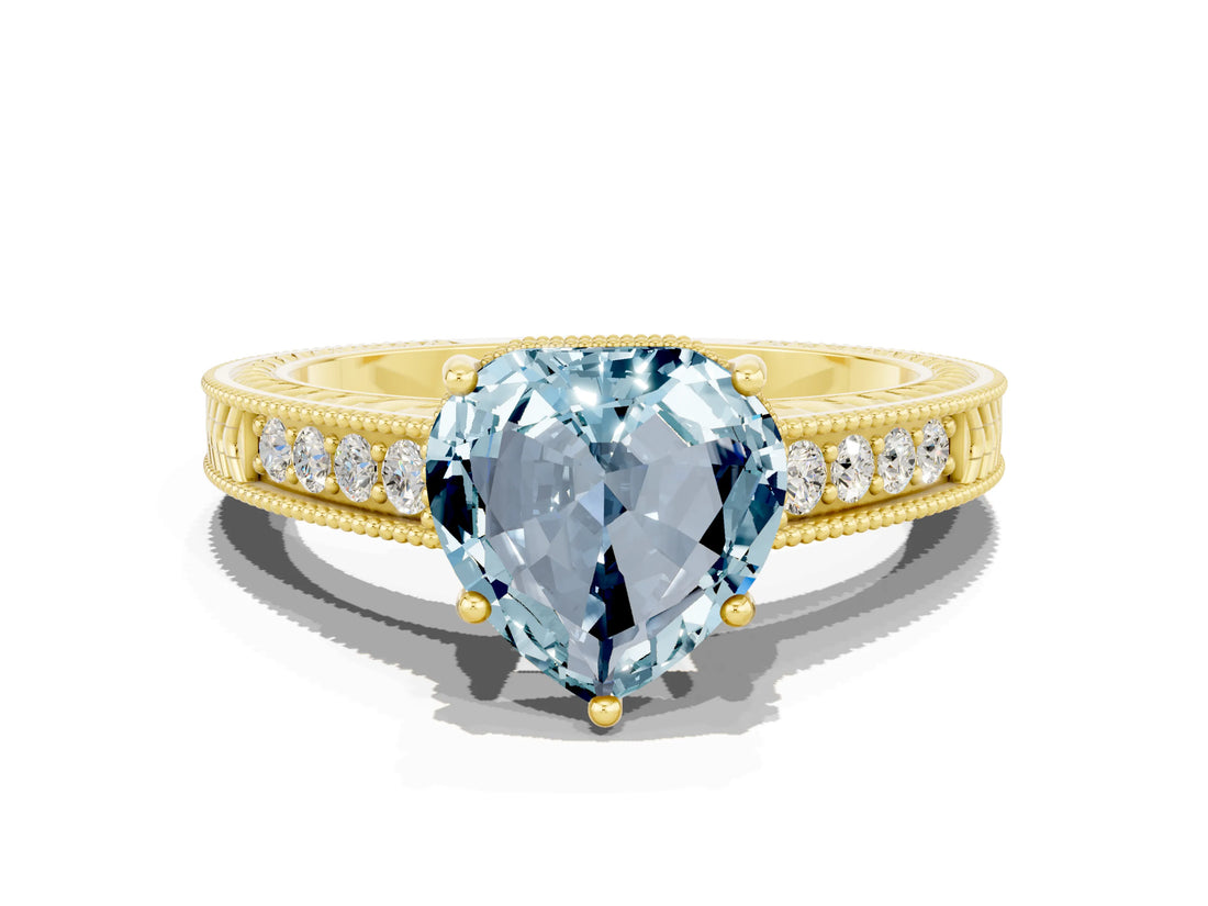 Yellow gold Heart Cut Aquamarine Ring with Milgrain Pavé Band and Four-Prong Setting_12
