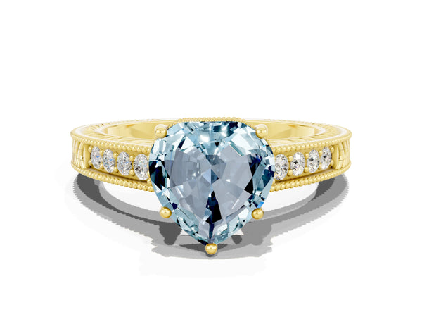 Yellow gold Heart Cut Aquamarine Ring with Milgrain Pavé Band and Four-Prong Setting