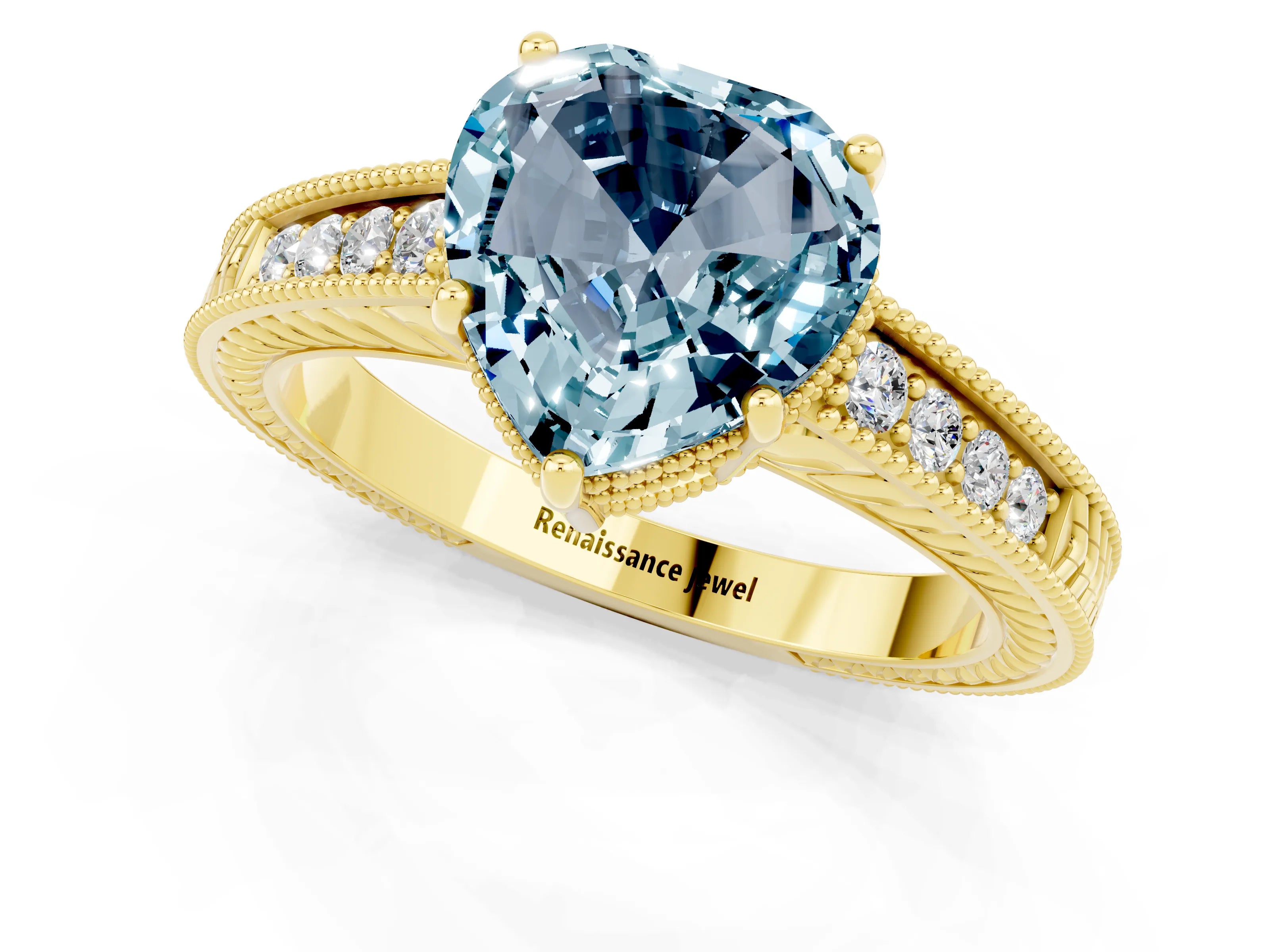 Yellow gold Heart Cut Aquamarine Ring with Milgrain Pavé Band and Four-Prong Setting_13