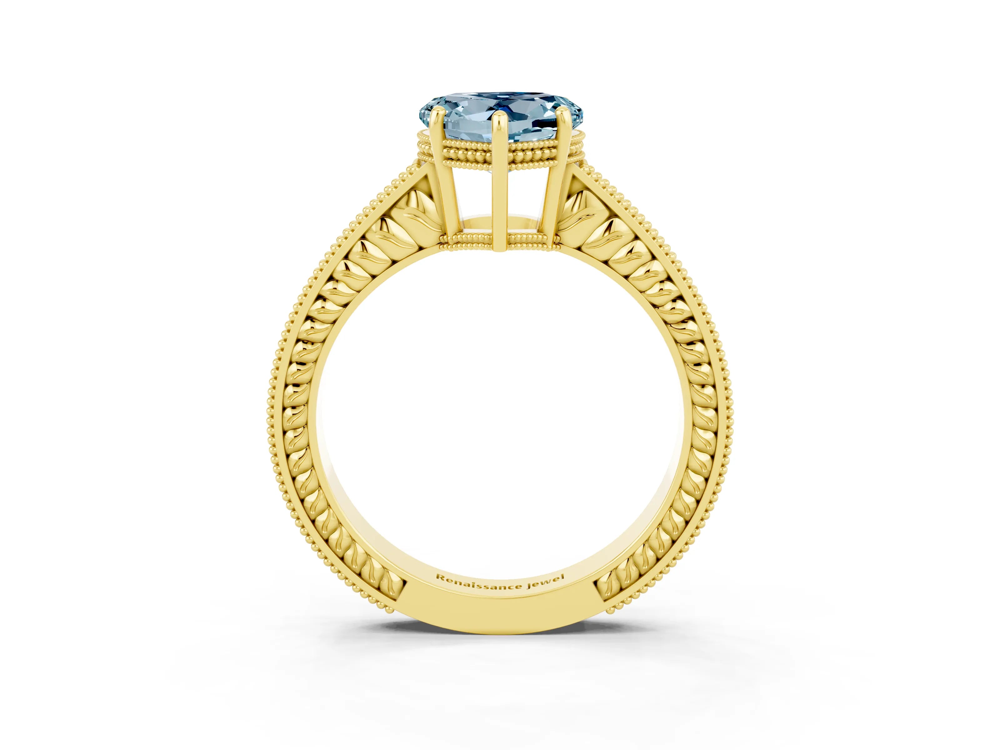 Yellow gold Heart Cut Aquamarine Ring with Milgrain Pavé Band and Four-Prong Setting_15