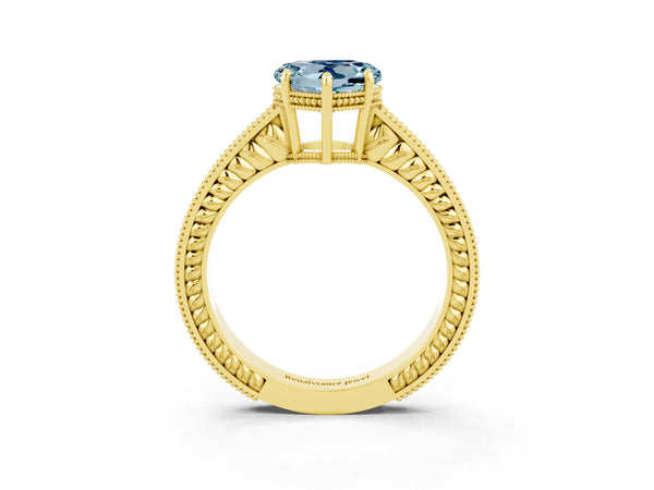Yellow gold Heart Cut Aquamarine Ring with Milgrain Pavé Band and Four-Prong Setting