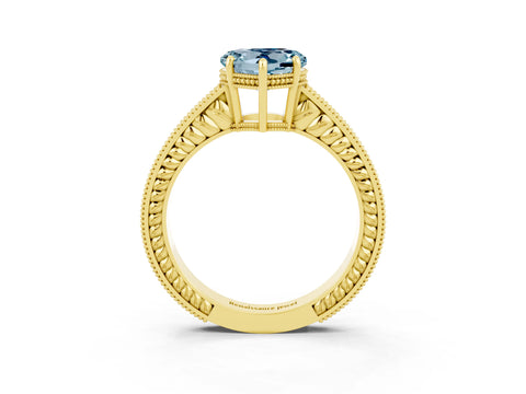 Yellow gold Heart Cut Aquamarine Ring with Milgrain Pavé Band and Four-Prong Setting_15