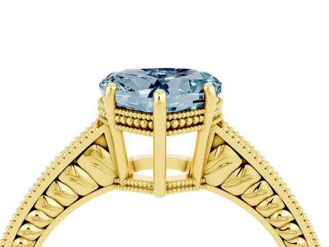 Yellow gold Heart Cut Aquamarine Ring with Milgrain Pavé Band and Four-Prong Setting_16