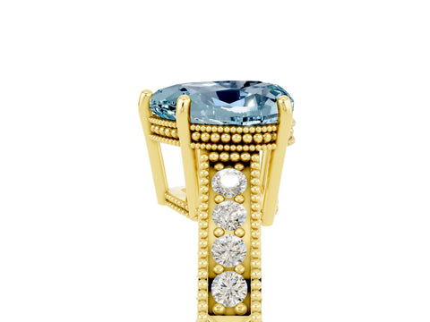 Yellow gold Heart Cut Aquamarine Ring with Milgrain Pavé Band and Four-Prong Setting_17