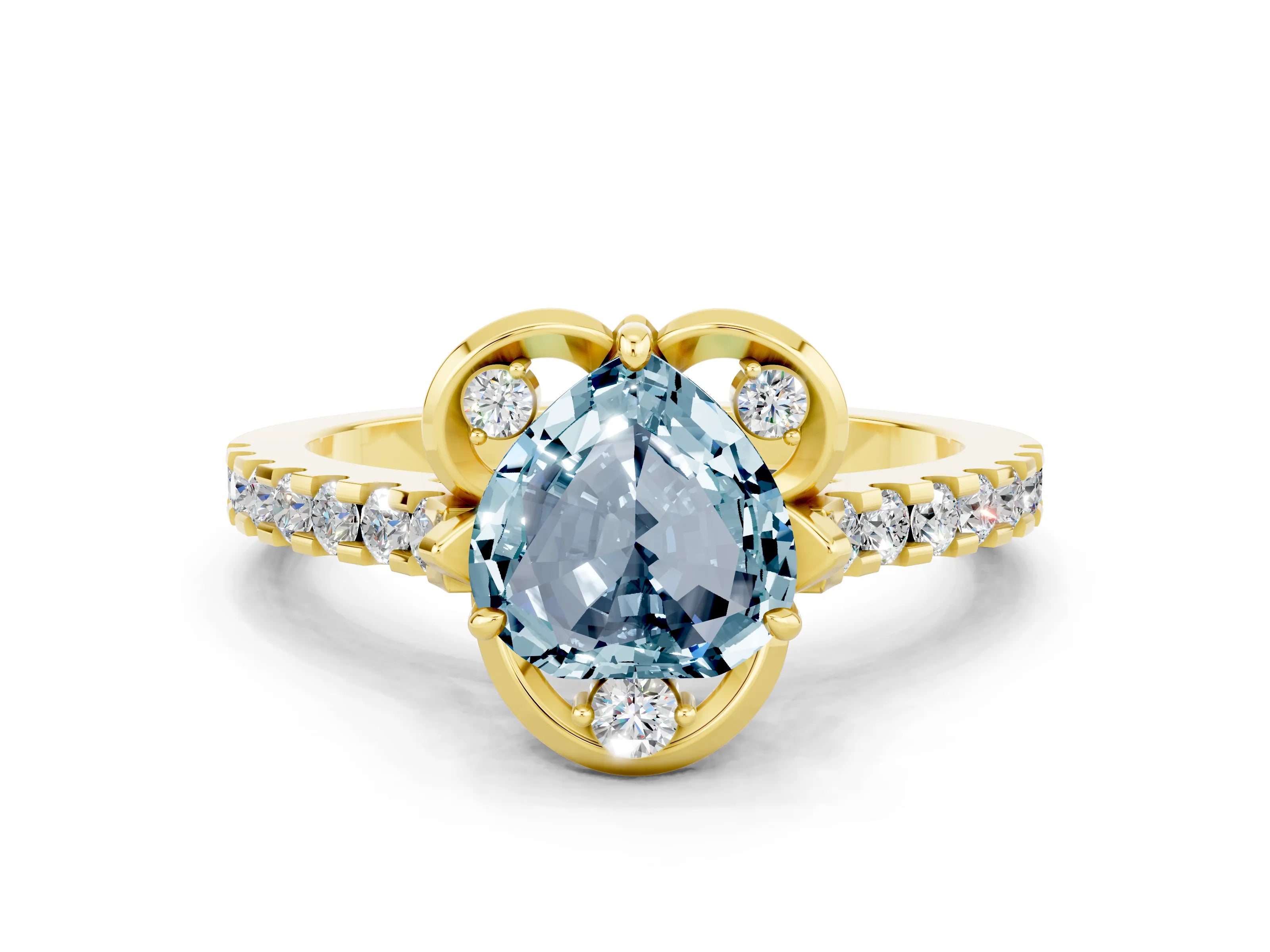 Yellow gold Heart Cut Aquamarine Ring with Pavé Band and Floral Prong Setting