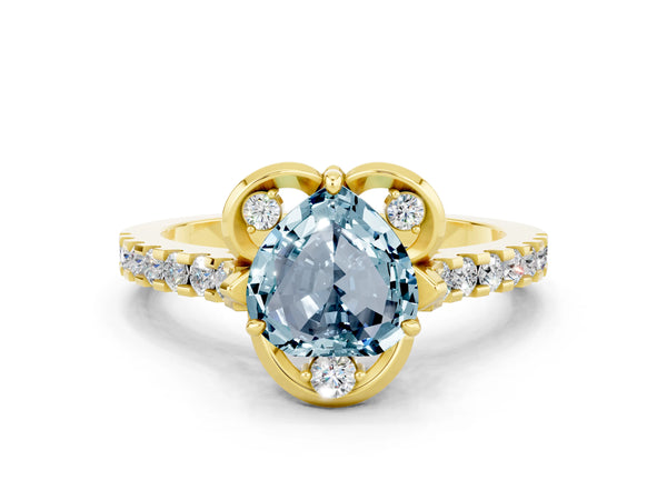 Yellow gold Heart Cut Aquamarine Ring with Pavé Band and Floral Prong Setting