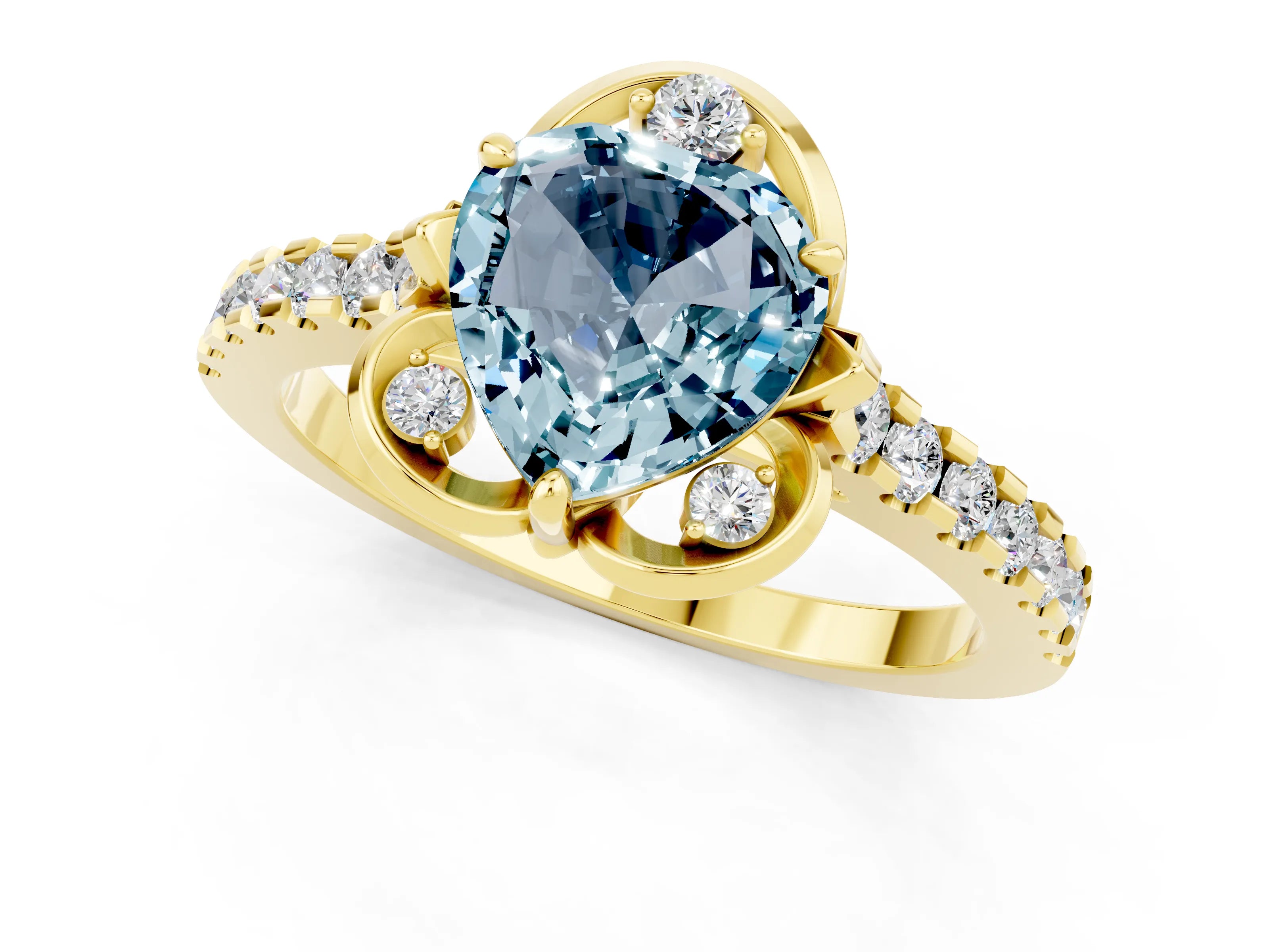 Yellow gold Heart Cut Aquamarine Ring with Pavé Band and Floral Prong Setting_1