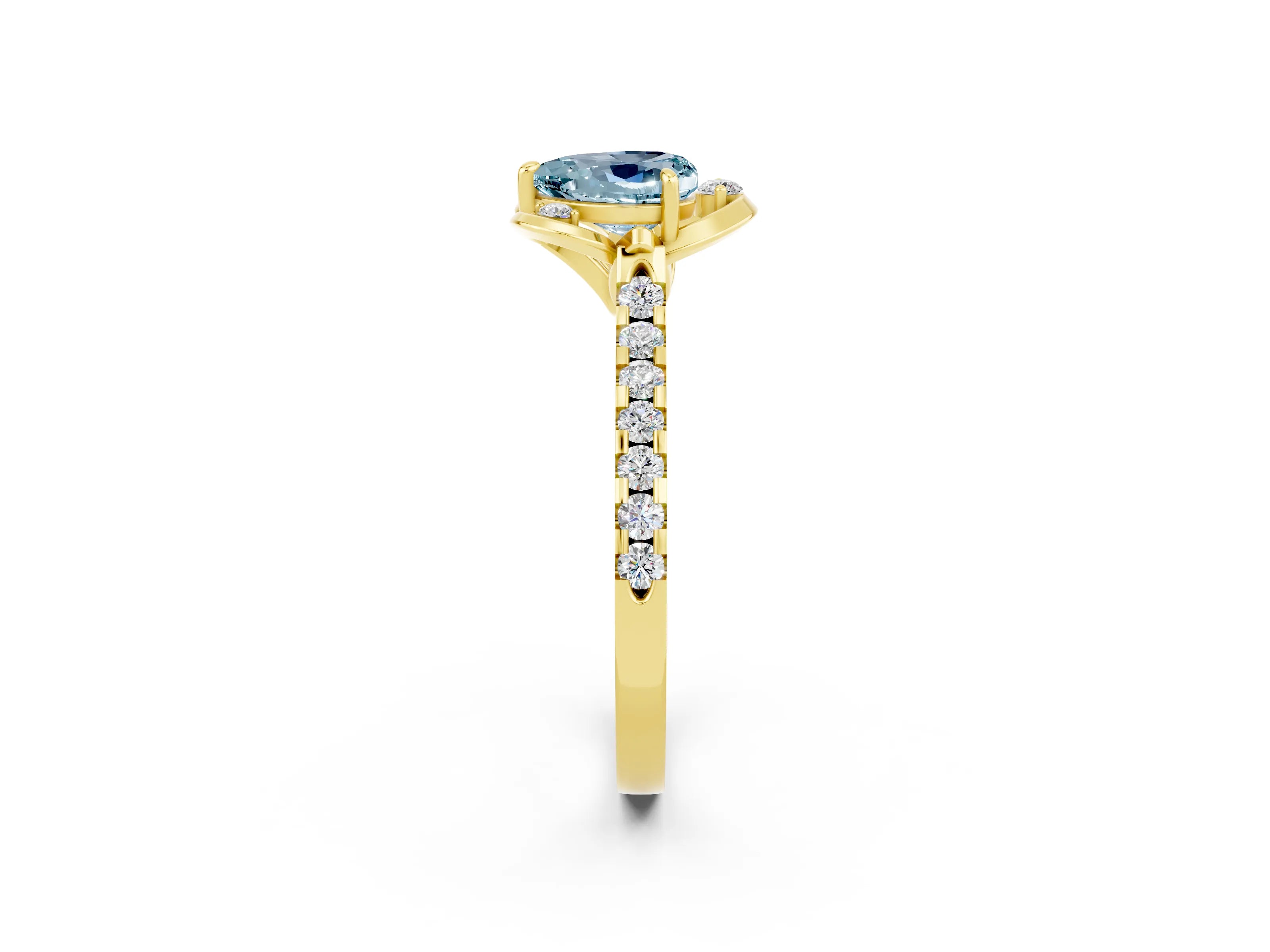 Yellow gold Heart Cut Aquamarine Ring with Pavé Band and Floral Prong Setting_2