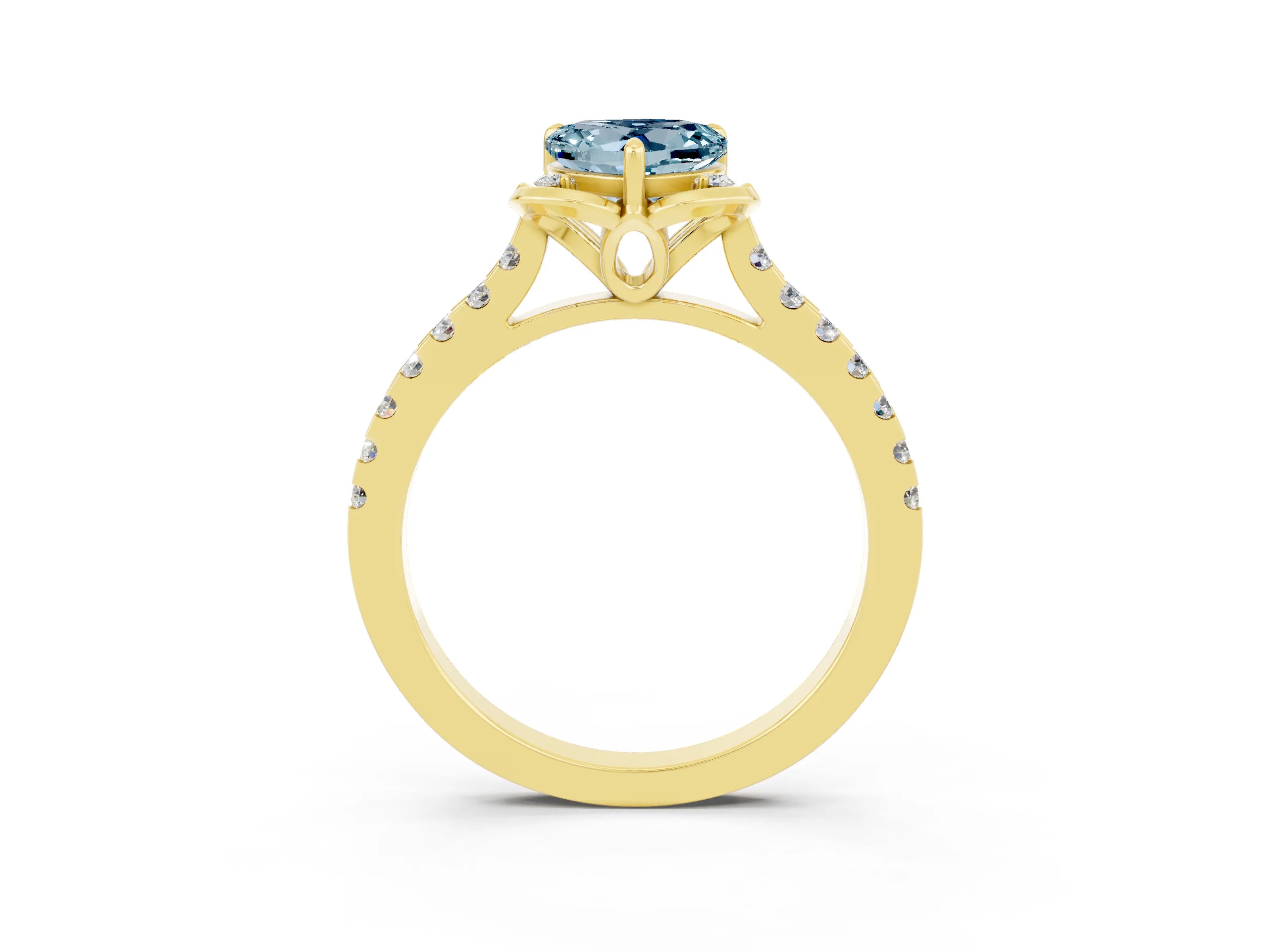 Yellow gold Heart Cut Aquamarine Ring with Pavé Band and Floral Prong Setting_3