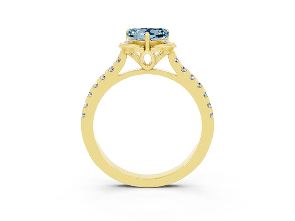 Yellow gold Heart Cut Aquamarine Ring with Pavé Band and Floral Prong Setting