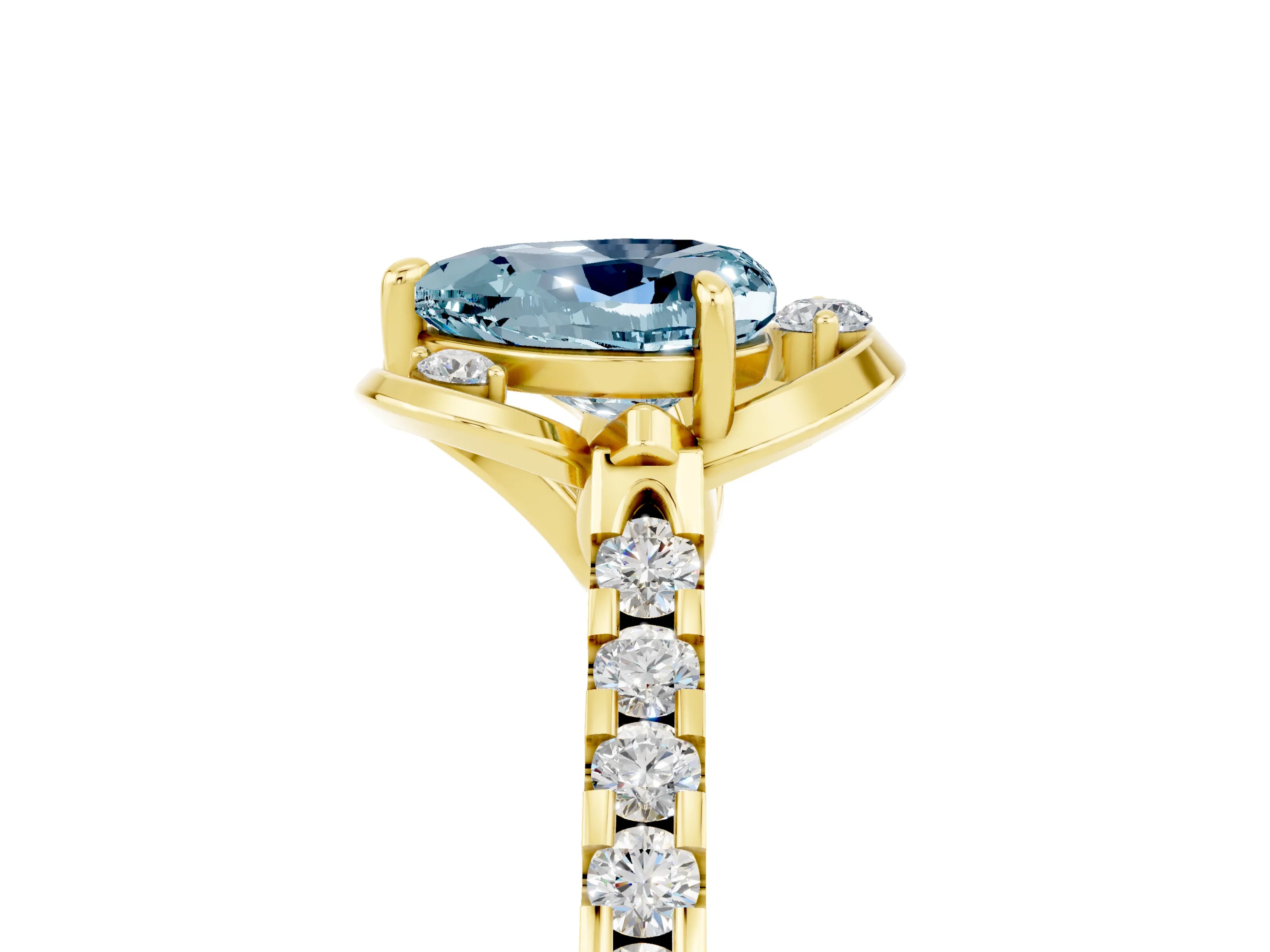 Yellow gold Heart Cut Aquamarine Ring with Pavé Band and Floral Prong Setting_5