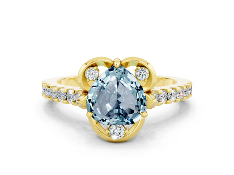 Yellow gold Heart Cut Aquamarine Ring with Pavé Band and Floral Prong Setting