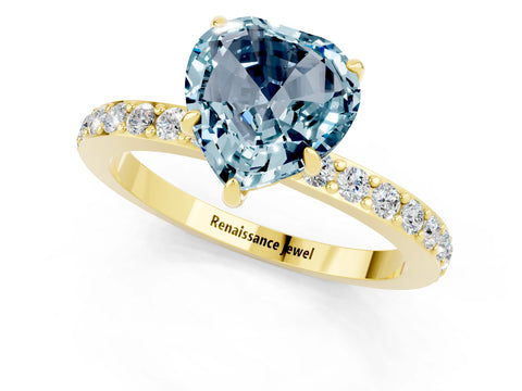 Yellow gold Heart Cut Aquamarine Ring with Pavé Band and Four-Prong Setting_1