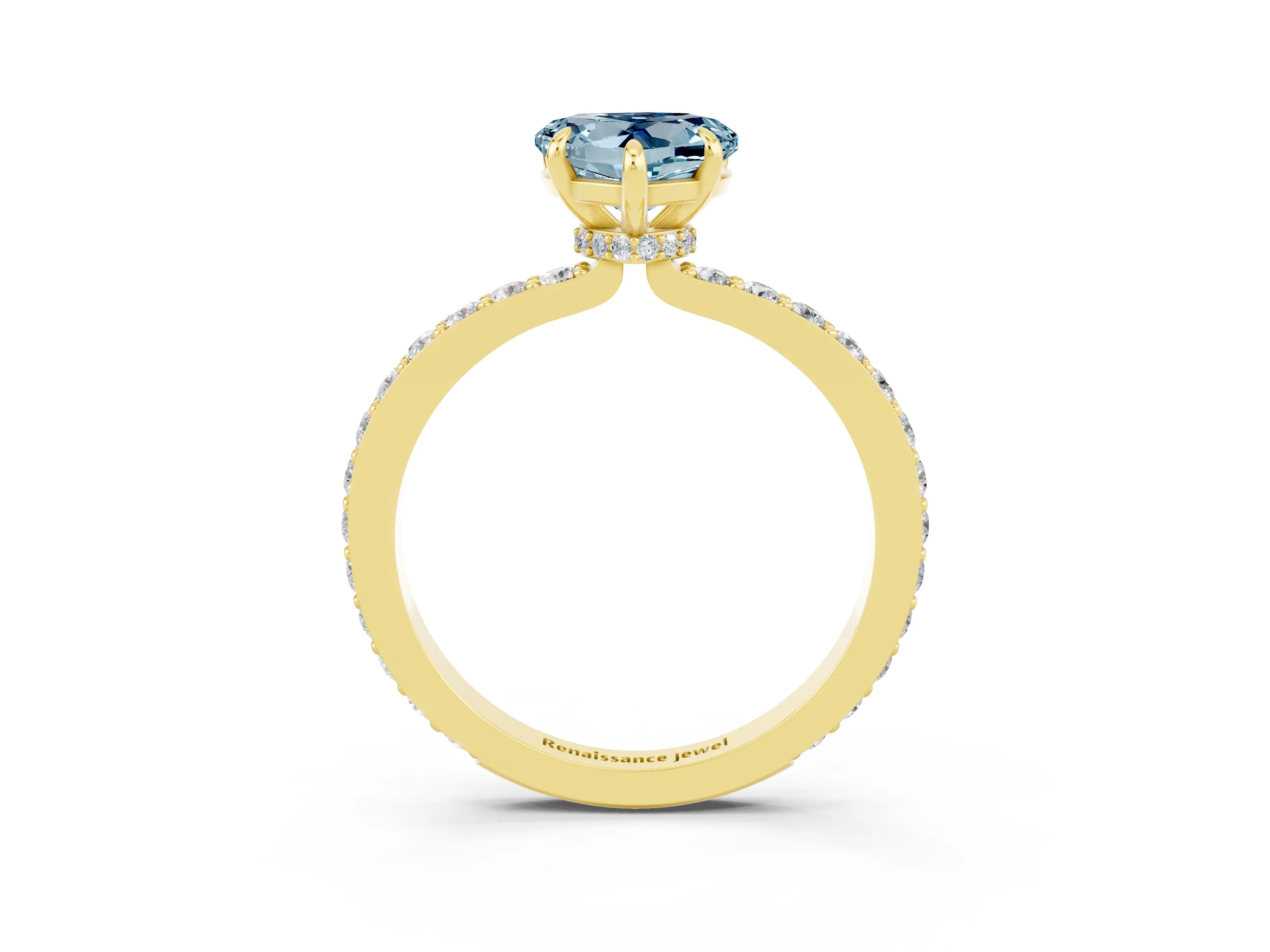 Yellow gold Heart Cut Aquamarine Ring with Pavé Band and Four-Prong Setting_3