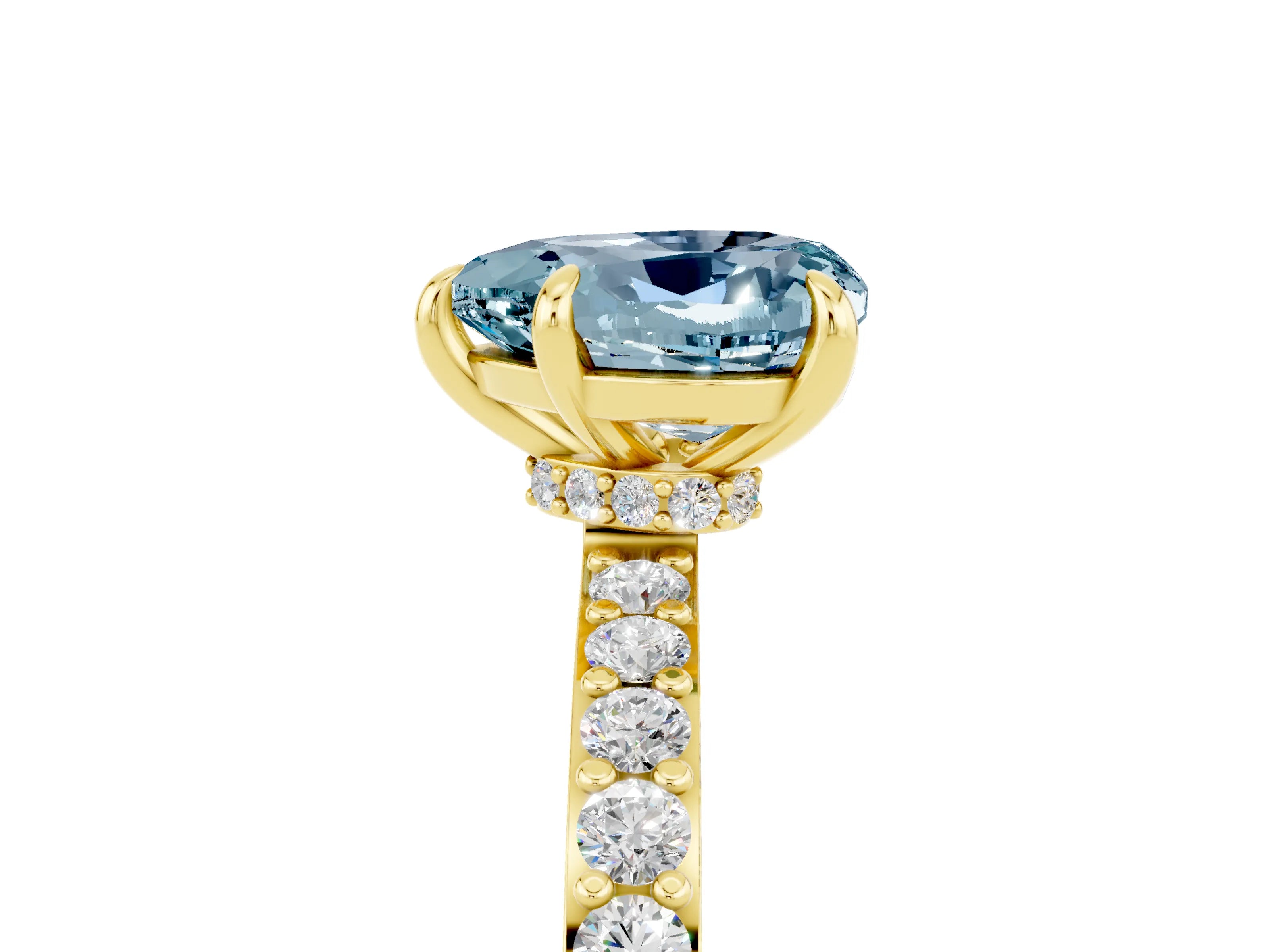 Yellow gold Heart Cut Aquamarine Ring with Pavé Band and Four-Prong Setting_5