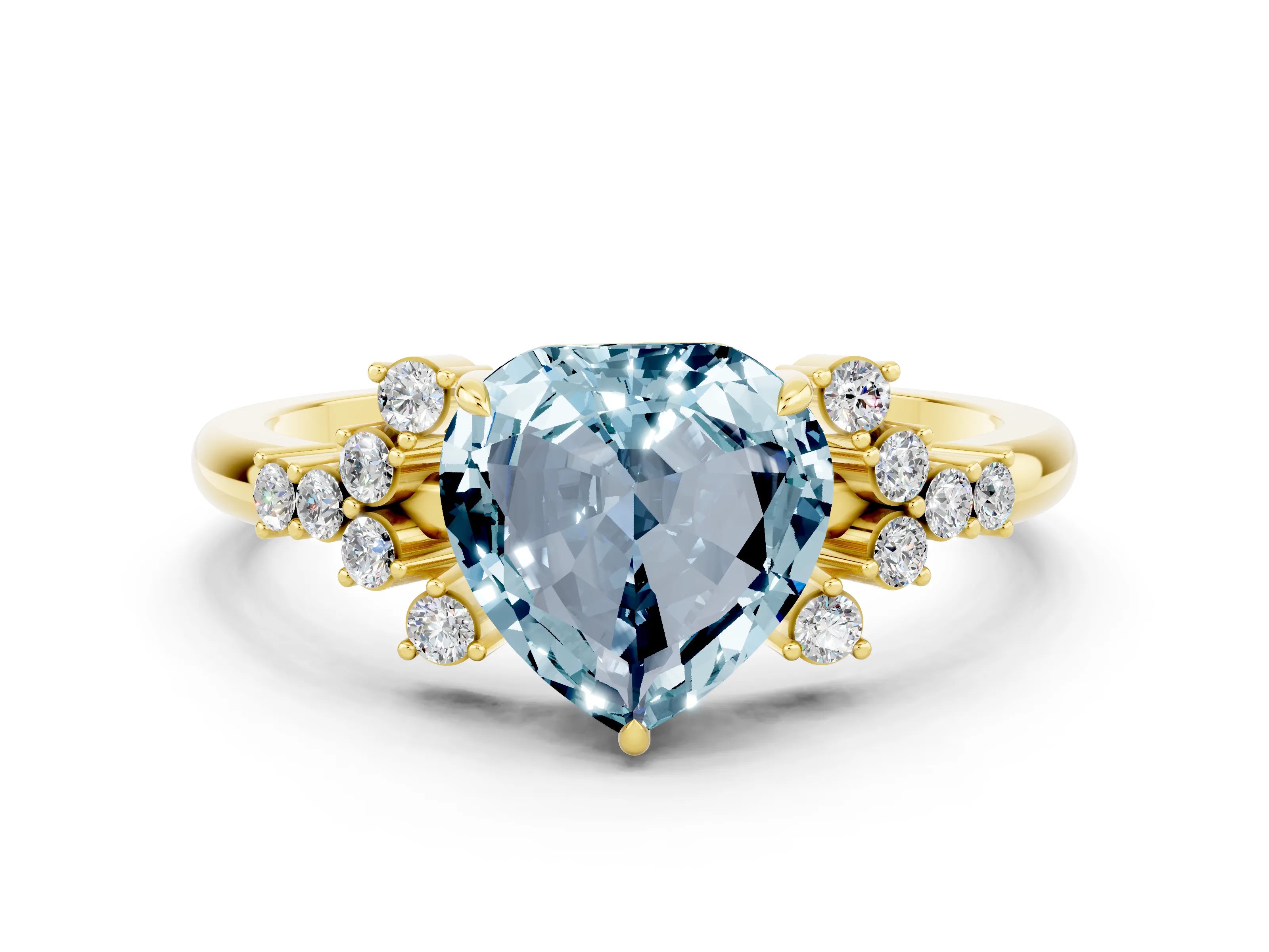 Yellow gold Heart Cut Aquamarine Ring with Side Stones and Four-Prong Setting_36