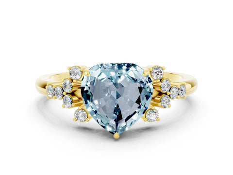 Yellow gold Heart Cut Aquamarine Ring with Side Stones and Four-Prong Setting_36