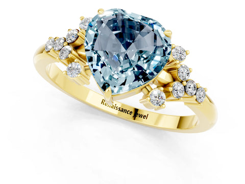 Yellow gold Heart Cut Aquamarine Ring with Side Stones and Four-Prong Setting_37