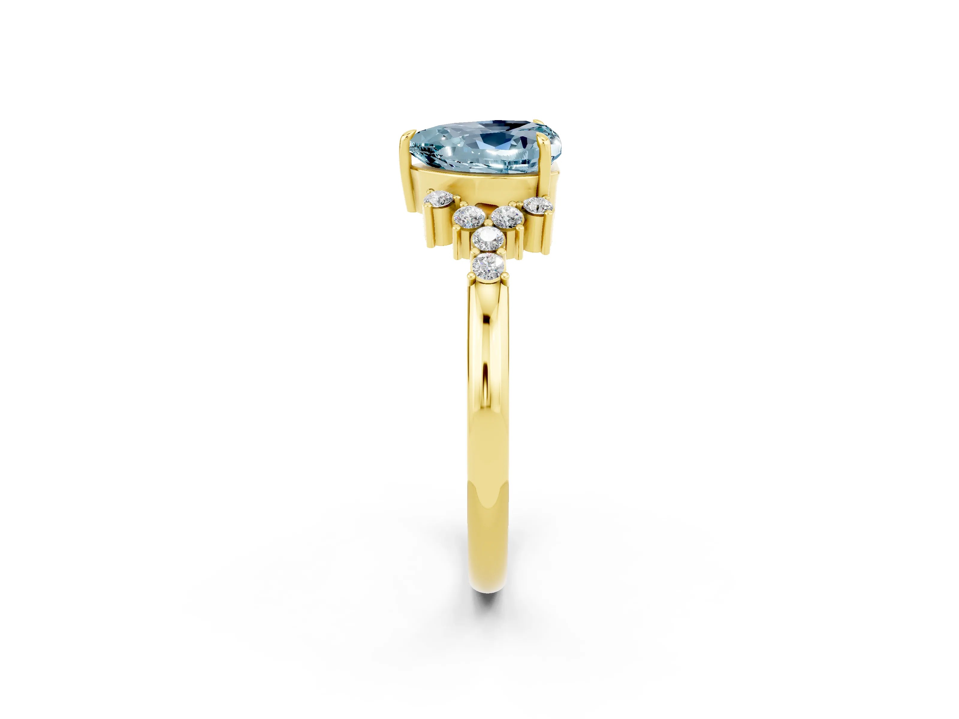 Yellow gold Heart Cut Aquamarine Ring with Side Stones and Four-Prong Setting_38