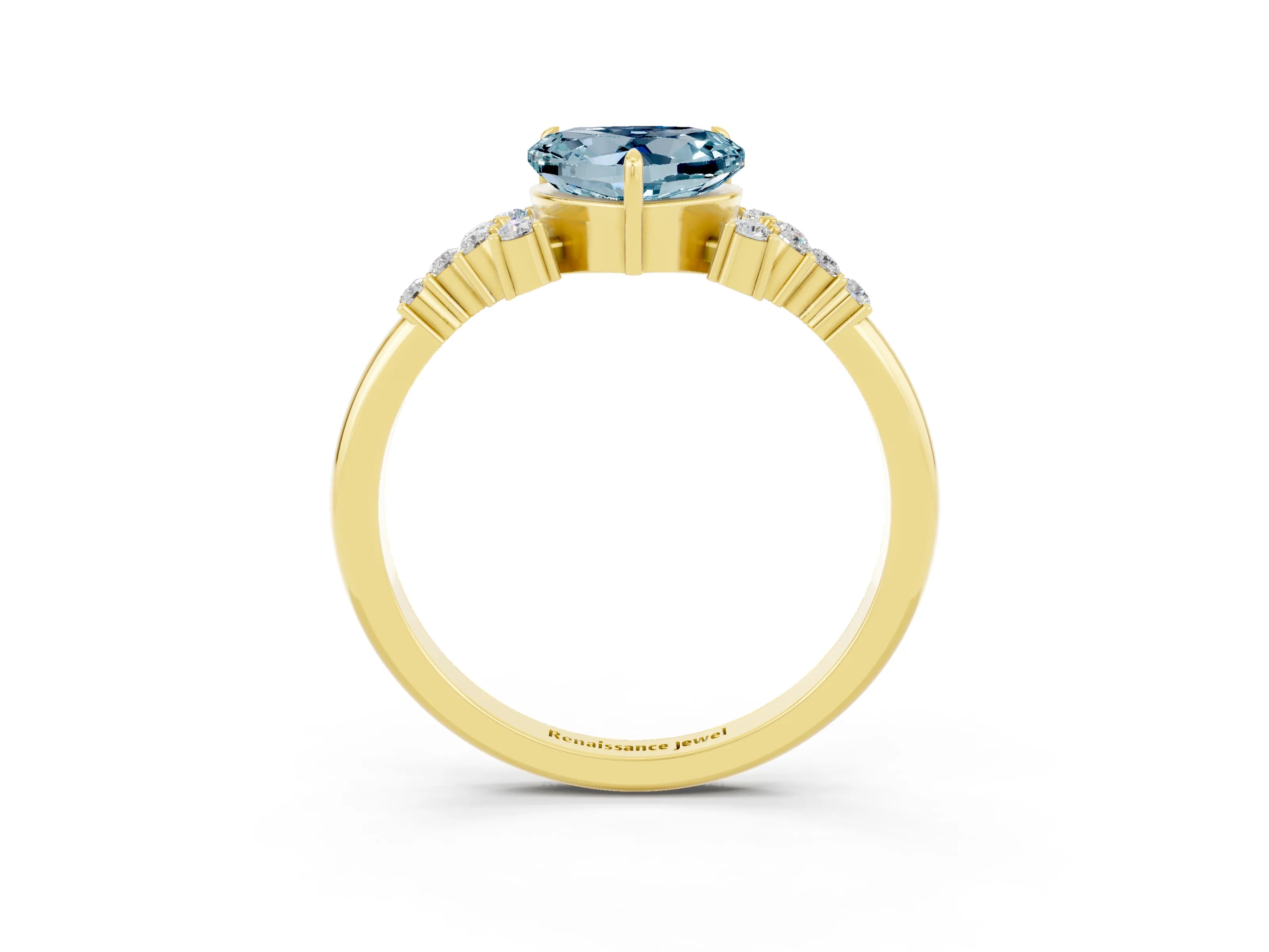 Yellow gold Heart Cut Aquamarine Ring with Side Stones and Four-Prong Setting_39