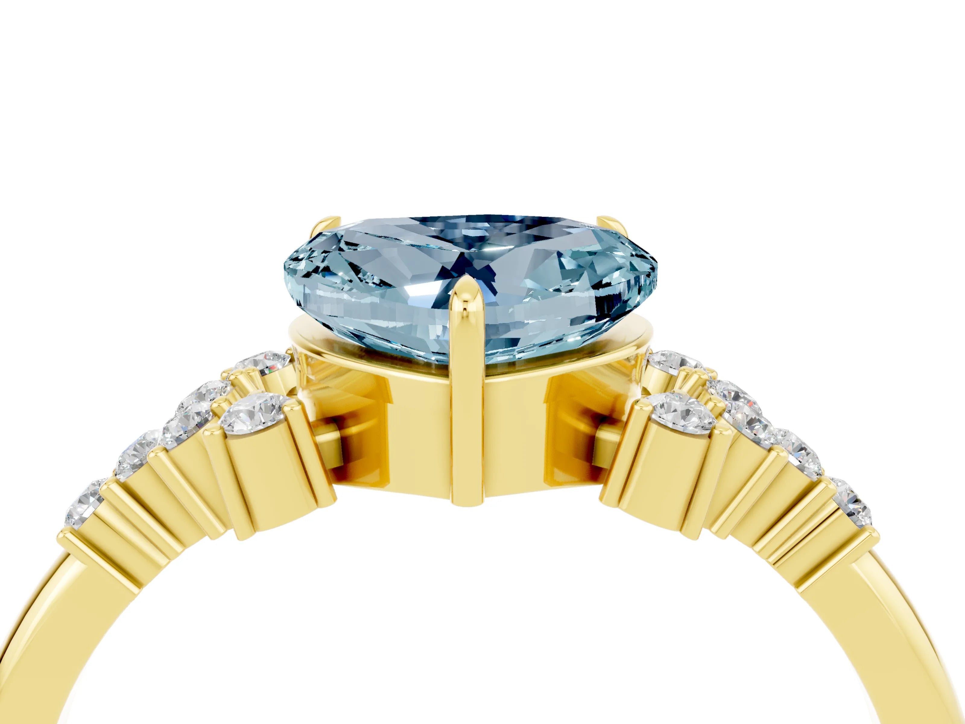 Yellow gold Heart Cut Aquamarine Ring with Side Stones and Four-Prong Setting_40
