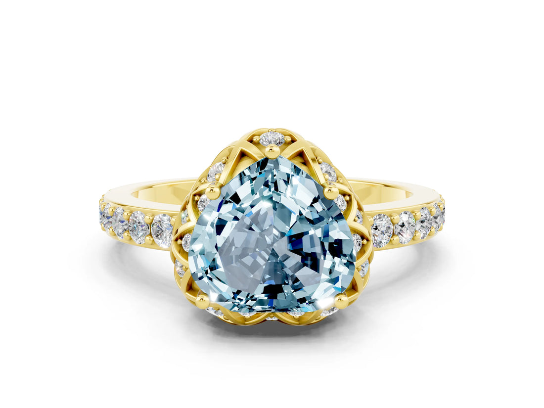 Yellow gold Heart Cut Aquamarine Scalloped Halo Engagement Ring with Round Shared Prong Band_24