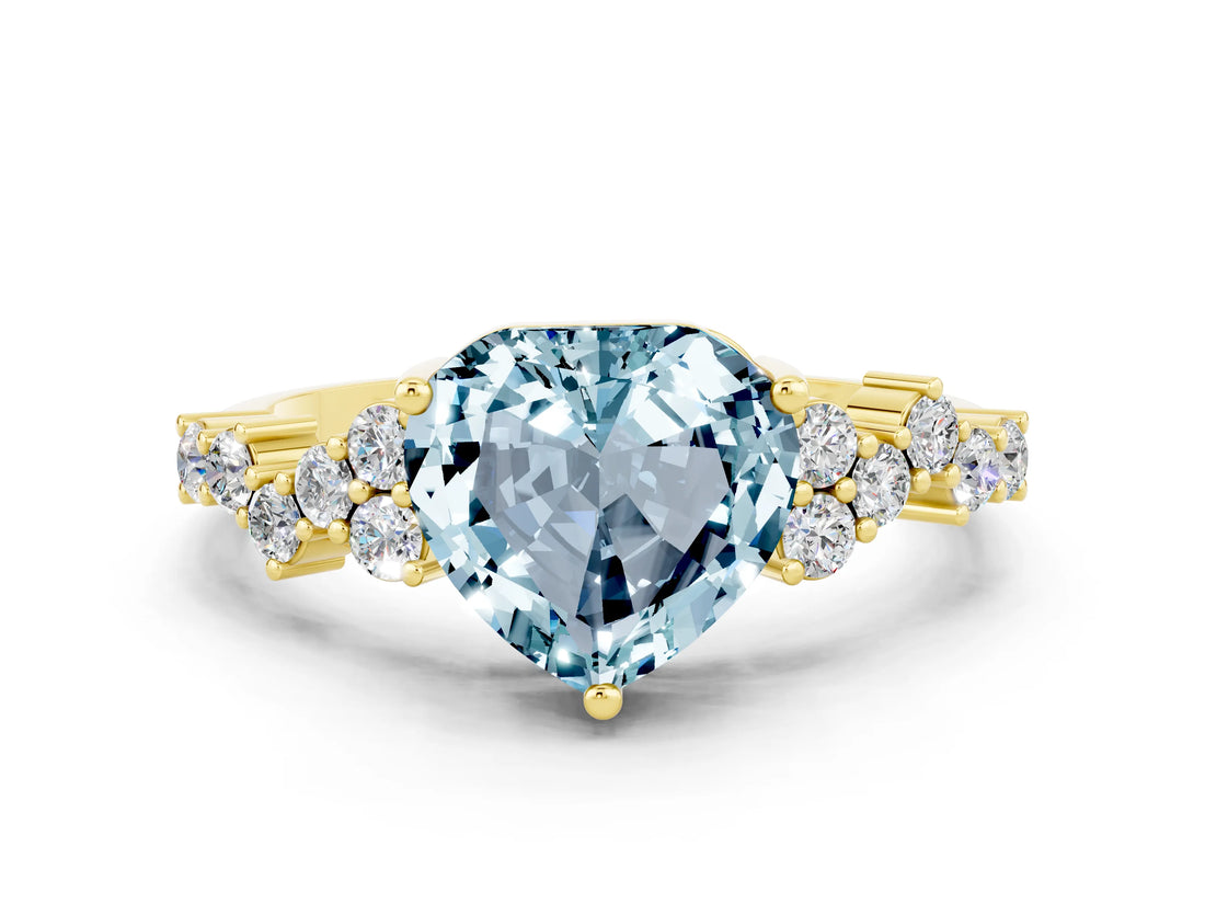 Yellow gold Heart Cut Aquamarine Scattered Round Accent Ring with Prong Setting_12