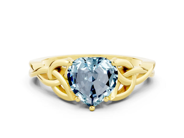 Yellow gold Heart Cut Aquamarine Solitaire Celtic Knot Ring with Four-Prong Setting