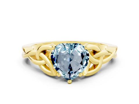 Yellow gold Heart Cut Aquamarine Solitaire Celtic Knot Ring with Four-Prong Setting_12