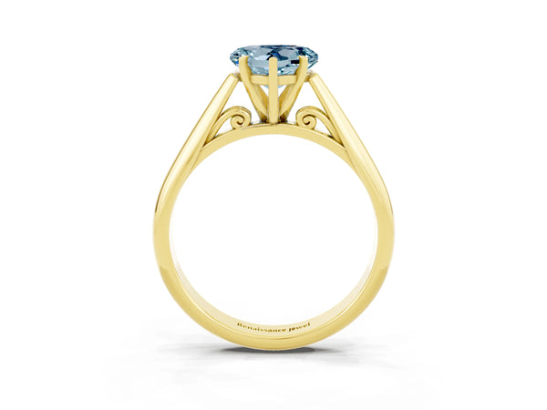 Yellow gold Heart Cut Aquamarine Solitaire Engagement Ring with Cathedral Setting and Four-Prong Mount