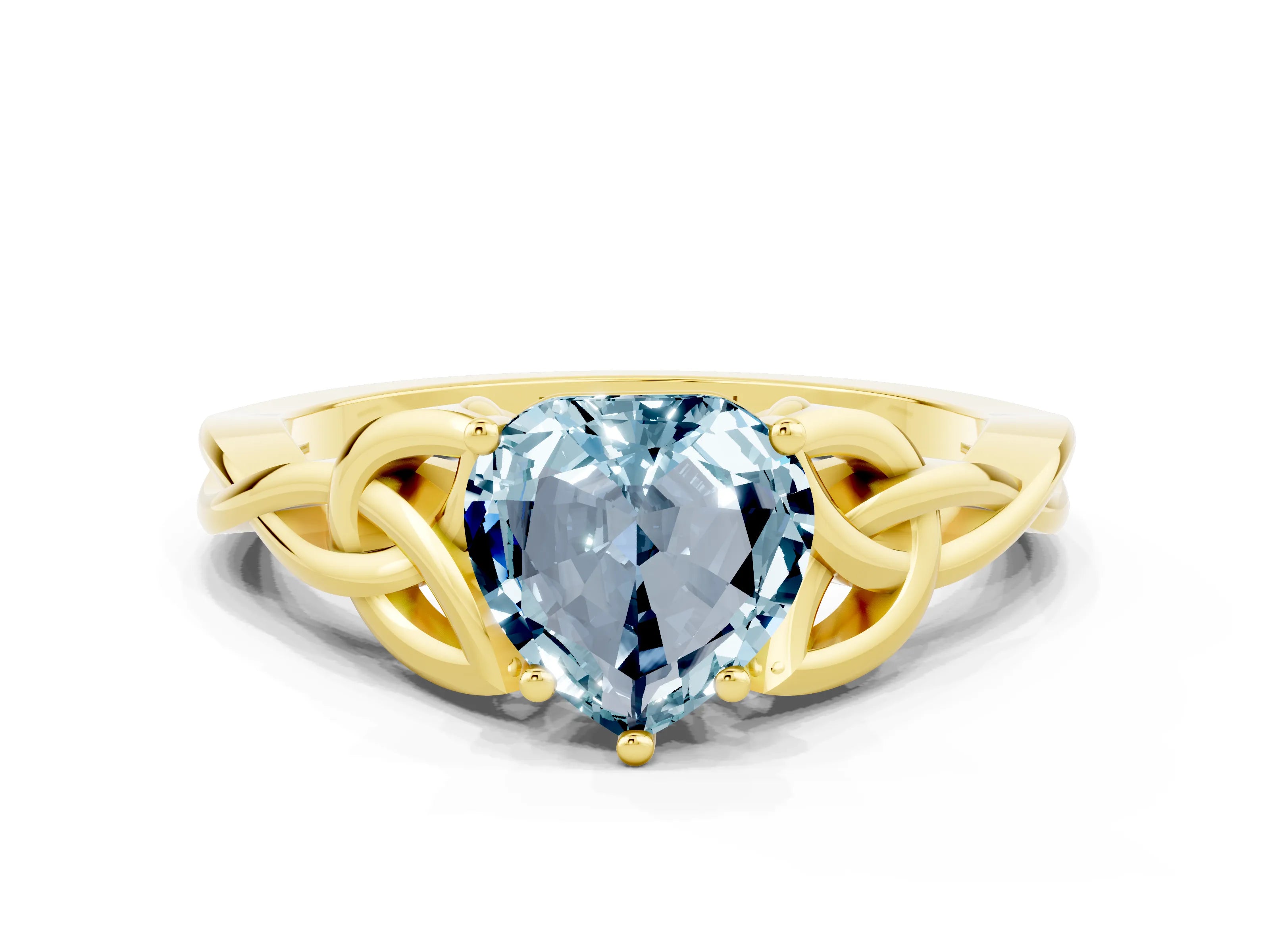 Yellow gold Heart Cut Aquamarine Solitaire Engagement Ring with Celtic Knot Band and Four-Prong Setting