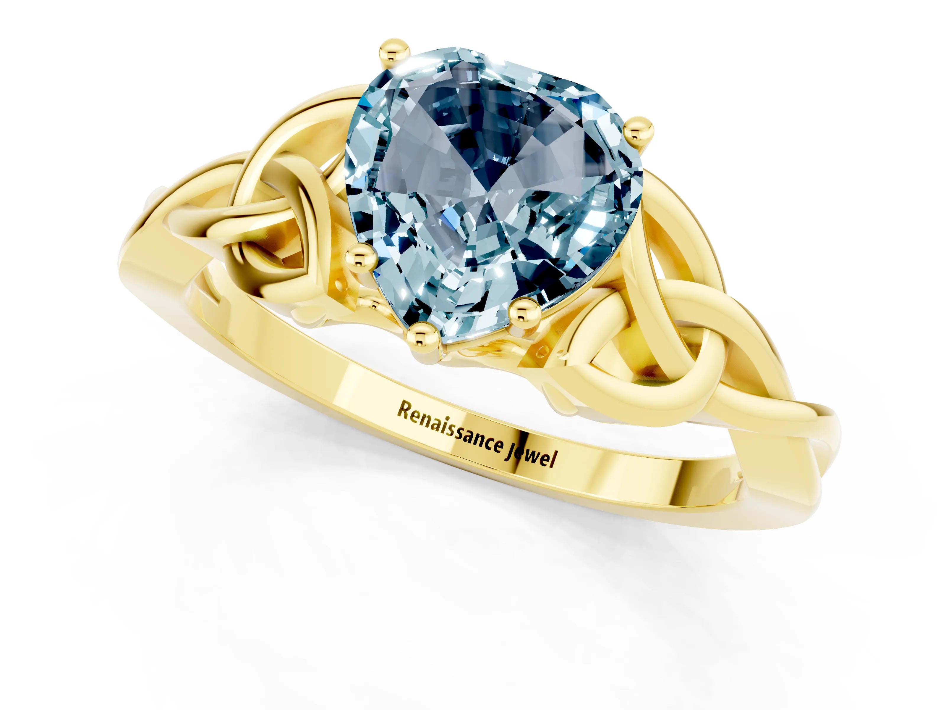Yellow gold Heart Cut Aquamarine Solitaire Engagement Ring with Celtic Knot Band and Four-Prong Setting_1