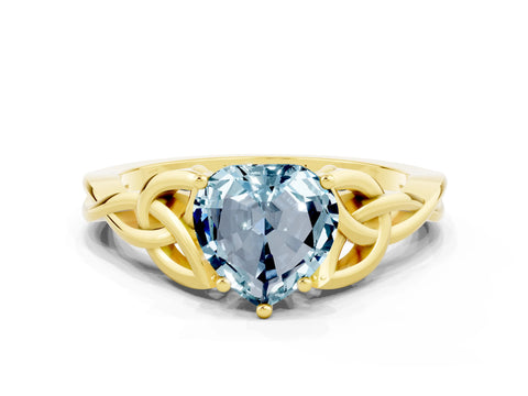 Yellow gold Heart Cut Aquamarine Solitaire Engagement Ring with Celtic Knot Band and Four-Prong Setting