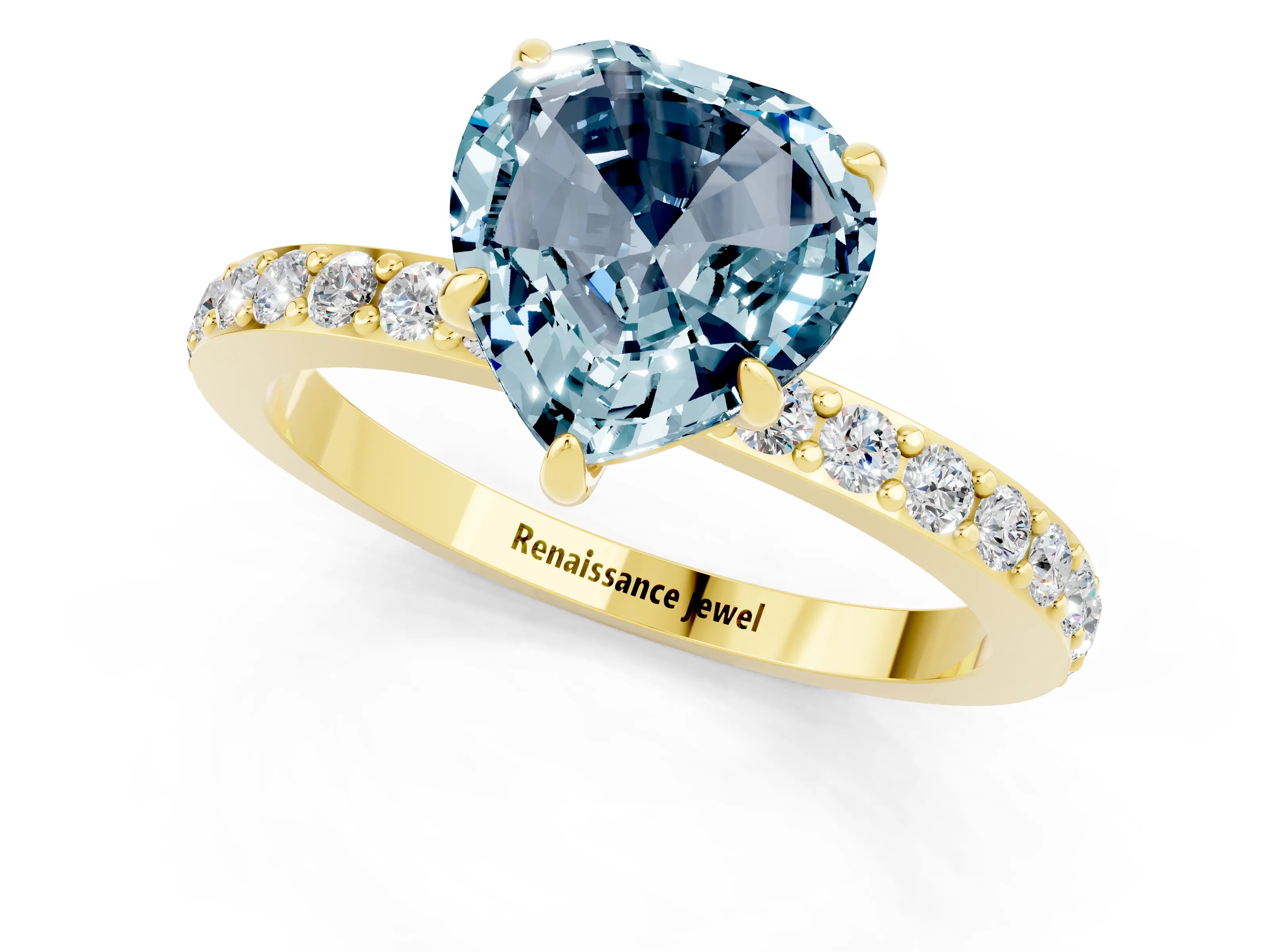 Yellow gold Heart Cut Aquamarine Solitaire Engagement Ring with Pavé Band and Four-Prong Setting_1